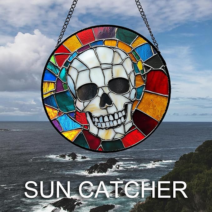 Stained Glass Window Hanging Halloween Horror White Skull 9.8" - Suncatcher Door Garden Kitchen Sun Catcher Home Gothic Decor Birthday for Mom Men Woman Friend Grandma