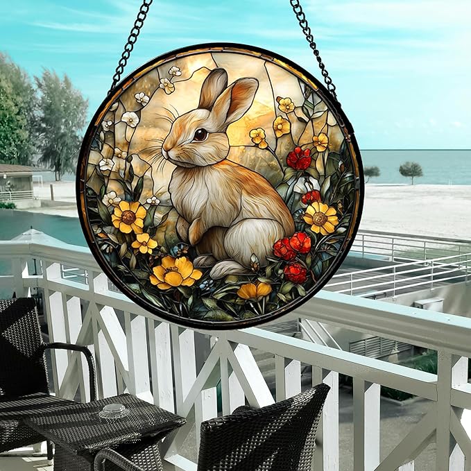 Stained Glass Window Hanging - Rabbit Flowers Suncatcher Ready to Hang Window Doors Home Decoration, Easter, Mother's Day Birthday Gifts for Women, Men, and Mom 14.9x14.9 in