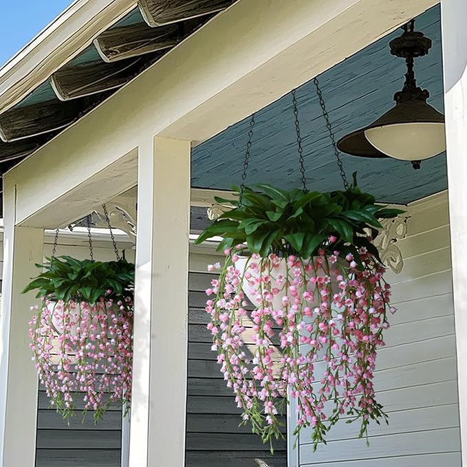 alyptus Hanging Planters for Indoor Plants Fake Flowers - 2-Pack Artificial Hanging Lily of The Valley with Pot - White Faux Flowers in Planters for Indoor Décor