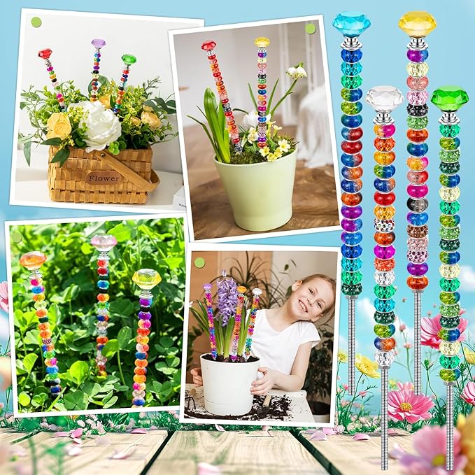 230 Pcs Beaded Garden Stakes, 12IN Fairy Wand Garden Stake Beads Kits with 200 Colorful Assortment Round Large Hole Beads with 10 Crystal Stopper Top,10 Threaded Rod and 10 Nuts for Outdoor Decoration
