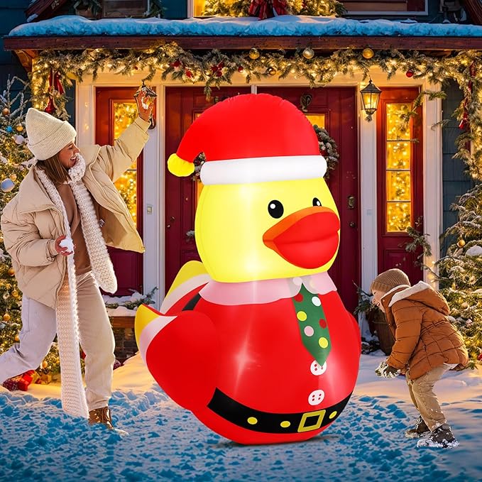 Leyndo 2 Set 5FT Christmas Inflatables Duck Decoration Outdoor Giant Blow Up Duck with Build-in LEDs Lights Wear Xmas Hat Santa Claus Costume for Mall Garden Patio Lawn Indoor, Funny Christmas Decor