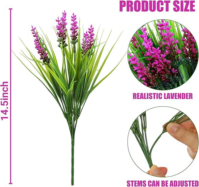 Sggvecsy 12 Bundles Artificial Plants Outdoor Faux Lavender Flowers Fake Monkey Grass UV Resistant Plastic Greenery Plants for Garden Home Porch Window Patio Hanging Planter Indoor Decor (Magenta)