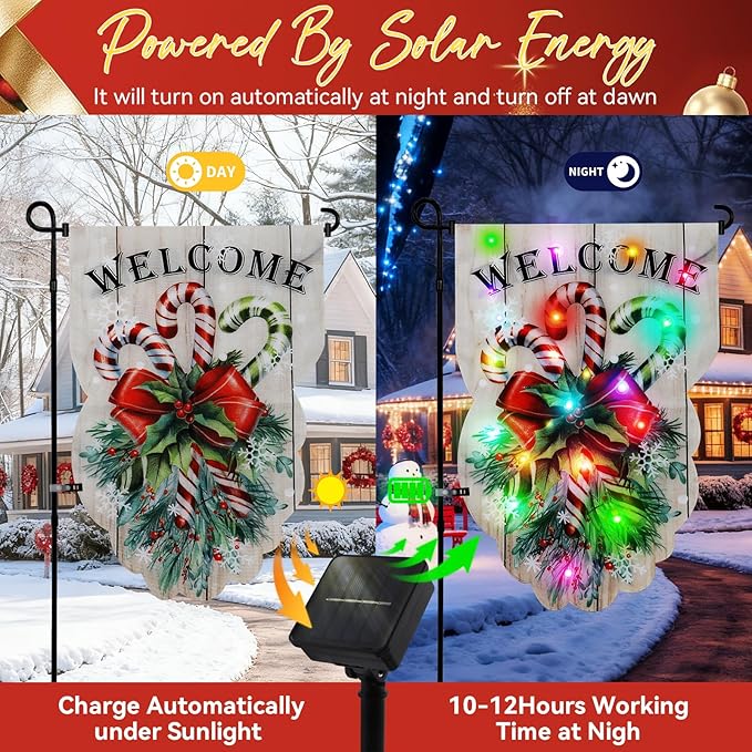 Lighted Christmas Garden Flag - 18x13-inch Waterproof Outdoor Christmas Decoration with 24 Glow-in-The-Dark LED in 8 Patterns, Perfect for Yard, Porch, and Lawn Decorations