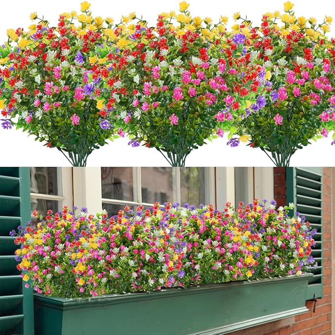 8 Bundles Artificial Flowers, Fake Artificial Greenery UV Resistant No Fade Faux Plastic Plants for Wedding Bridle Bouquet Indoor Outdoor Home Garden Kitchen Office Table Vase