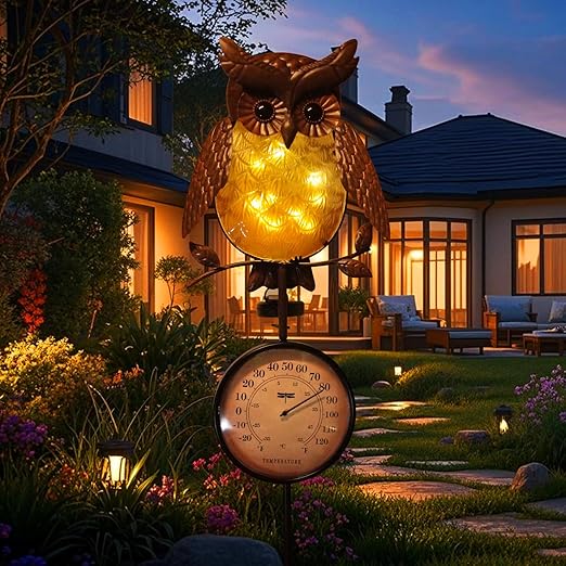 HONGLAND Solar Outdoor Temp Stakes Outdoor Thermometers for Outside Metal Owl Waterproof Patio Lawn Temperature with Solar Warm LED Lights for Yard and Garden, Holiday Gifts for Man Woman