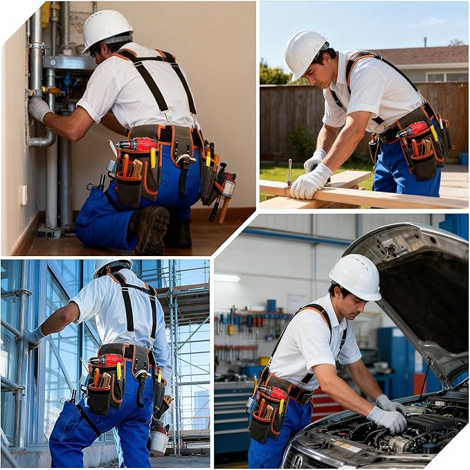 JUSTHERE Tool Belt, Professional Tool Belts for Men, 32''-60'' Size Adjustable Magnetic Tool Pouch With Suspenders & Multiple Pockets, Detachable Utility Belt Work Bags for Electrician, Carpenter