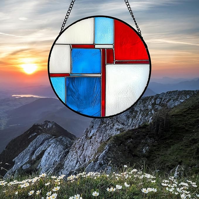 Stained Glass Window Hanging 4 Pcs Set Abstract Flowers in Red White Blue 6.3" - Suncatcher Door Garden Sun Catcher Decor Birthday Mother's Day Xmas Gift for Mom Woman Nana Men Parents