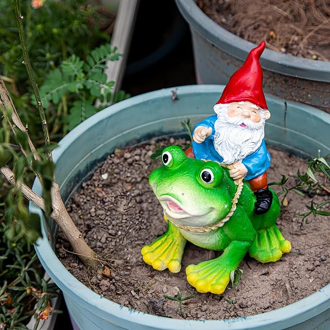 Gnome Riding on Frog Garden Statue Outdoor Garden Frog Statue for Yard Decoration Lawn Ornament Gardening Gifts for Women Mom Grandma