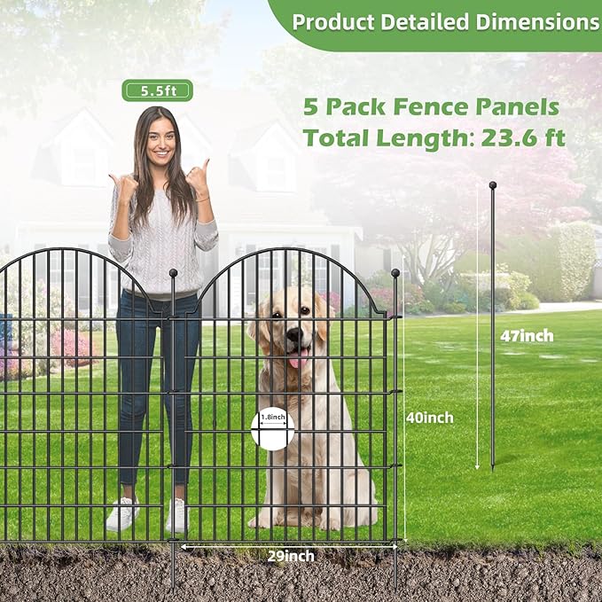 5 Panels Decorative Outdoor Garden Fencing for Yard, 40in (H) x 11.8ft (L) No Dig Animal Barrier Fence, Rustproof Metal Wire Dog Fences Outdoor Panel Border with Temporary Ground Stakes