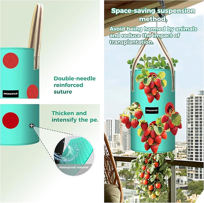 (BFCM Deal 3 Pack 3 Gallon Hanging Strawberry Planter Bags, 12 Holes PE Grow Bags with Bottom Drainage, Reusable Vertical Planters for Small Space Gardening(Green)