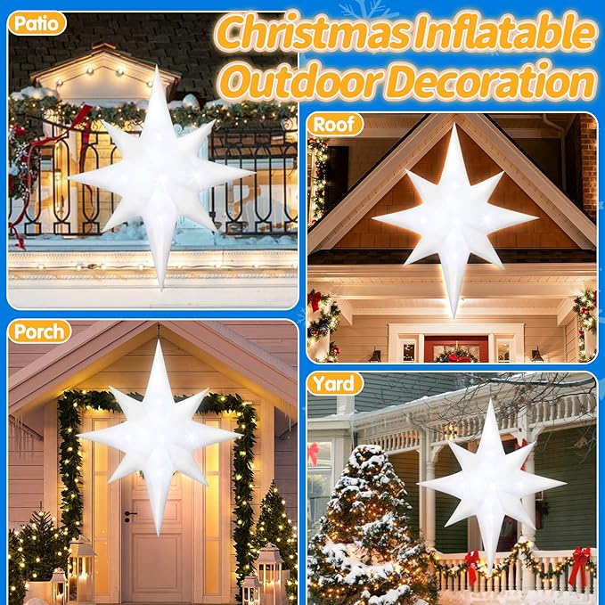 6FT Christmas Inflatable Bethlehem Star Outdoor Decorations Giant Blow Up Hanging Christmas Star Ornaments Winter Inflatables Built-in 5 LED Lights for Xmas Party Supplies Window Roof Wall Yard Decor