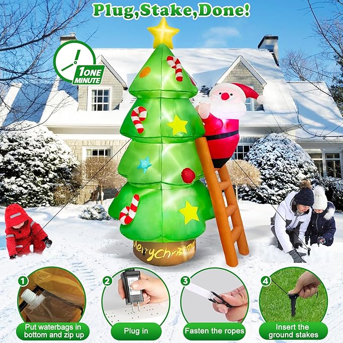 7 FT Tall Large Christmas Inflatables Santa Claus Tree Outdoor Decorations, Build-in LEDs Funny Xmas Blow Ups Yard Decoration for Winter Holiday Outside Garden Lawn Patio Indoor Party Inflated Decor