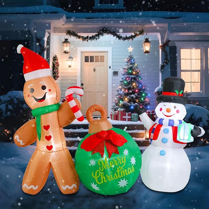 5 FT Christmas Inflatable Outdoor Decorations, Inflatable Snowman and Gingerbread Man with Christmas Ball Built-in LED Lights Blow Up Yard Decorations for Holiday Indoor Outdoor Party Garden Lawn