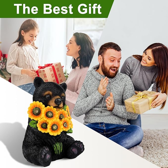 Solar Garden Decor Black Bear Outdoor Statue, Outdoor Patio Sculpture Decor LED Lights Gifts for Mom or Daughter, Garden Statues Birthday Gifts for Women Home and Yard