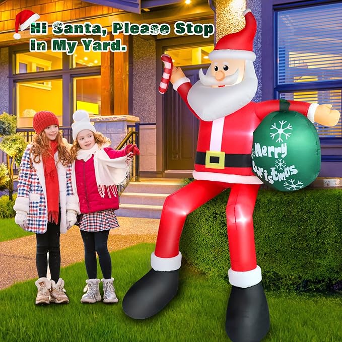 8FT Inflatable Sitting Santa Claus Christmas Outdoor Decorations, Blow Up Santa Claus with Gift Bag Sitting on Roof Wall Tree Chair, Xmas Outdoor/Indoor Decorations for Street House Patio Bench Shrubs