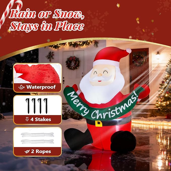 VINGLI 5.8ft Cute Santa Claus Inflatable, Inflatable Santa Holding Banner Christmas Blow ups Yard Decoration, Outdoor Inflatables with LED Lights for Outdoor, Lawn, Garden, Xmas Holiday Decor