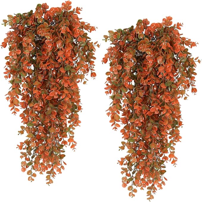 RECUTMS Artificial Fall Flowers Artificial Hanging Plants Faux Autumn Plants Faux Hanging Plants Fake for Indoor Outdoors,No Basket (Orange)
