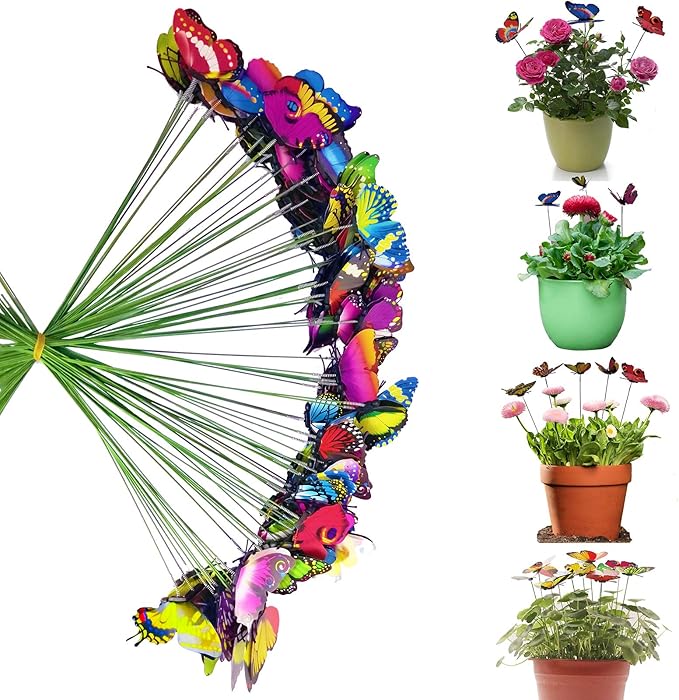 Butterfly Stakes Outdoor Yard Planter Flower Pot Bed Garden Decor Butterflies Christmas Decorations, Artificial Butterflies on Metal Wire Plant Stake Stems-Multicolor (2.8 Inch 100pcs)