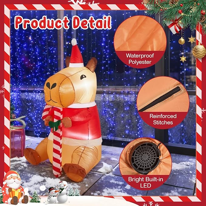 Shappy 6FT Capybara Inflatable Christmas Decoration - Large Blow Up Yard Decor with Built-in LED Lights, Cute Outdoor Indoor Xmas Display for Lawn, Garden, Party