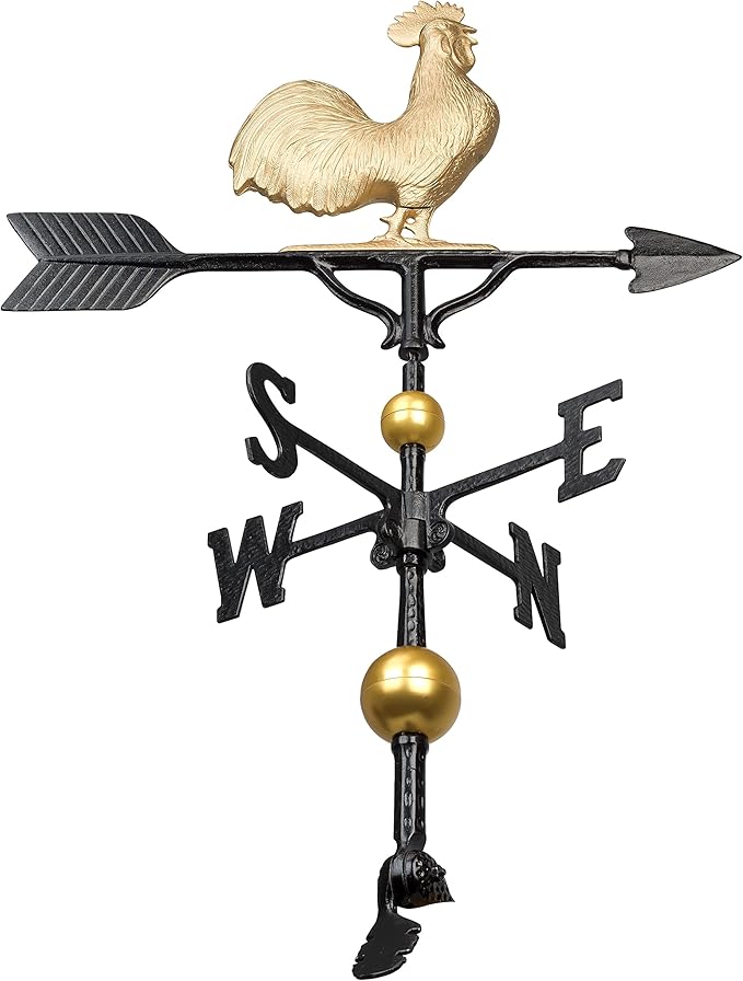 Montague Metal Products - 32'' Aluminum Deluxe 3D Rooster Weathervane 300 Series - Wind Vane with Ornament - Roof Metal Decor - Mount Included (4 to Choose from) - Hand Cast Aluminum (Gold)