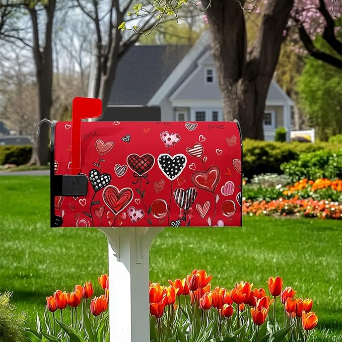 Valentines Mailbox Covers Magnetic Romantic Red Love Heart Mailbox Cover Standard Size 21x18 Inch Floral Decorative for Anniversary Wedding Outside Garden Yard