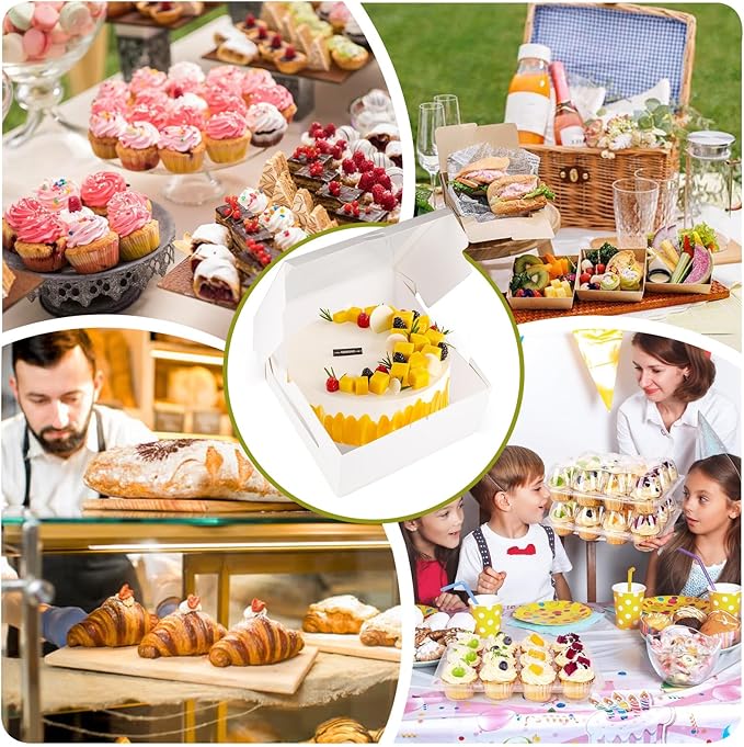 30 Pack Cake Boxes 10 Inch, Disposable Cake Transport Container, 10 Inch Cake Box with Window, White Bakery Boxes with Stickers, Cajas Para Pasteles for Cookies Pies Cupcakes Pastry(10x10x5 Inches)