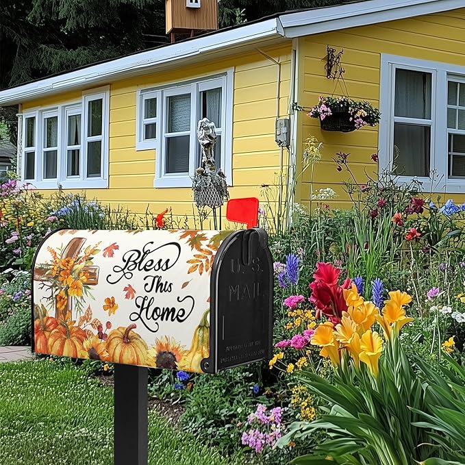 Bless This Home Mailbox Covers Magnetic Thanksgiving Pumpkin Mail Box Cover Fall Autumn Mailbox Wraps Magnetic Standard Size 21x18 inch for Outside Garden Yard