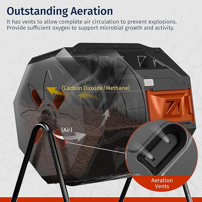 East Oak Compost Tumbler Outdoor, 43-Gallon Tumbling Compost Bin with 2 Sliding Orange Doors & Aeration System, Tumbling Rotating Composter Bin for Kitchen, Garden, Yard,