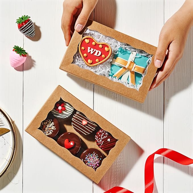 Brown Rectangular 7"X4.3"X1.5" Clear Window Disposable Snap-Flip Top 50 Count Pastry Boxes for Cookies, Macarons, Chocolate, Cake, Pastries, Dessert