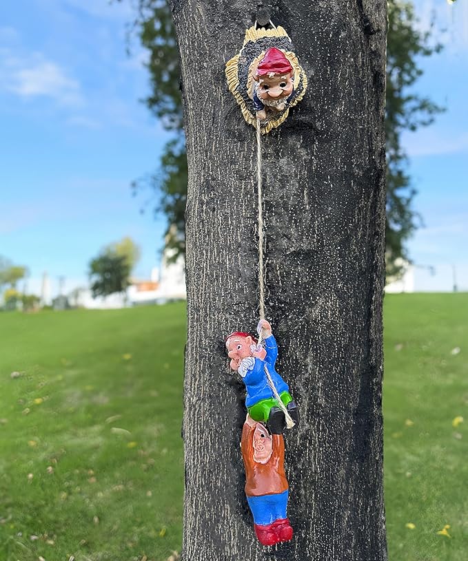 Teaeeno Gnome Climbing Tree and Tree Stump Decor,Garden Gnome Statue Set,Vivid Fairy Gnome Outdoor Sculpture,Whimsical Gnomes Miniature Figurines,Micro Gnome Landscape Figurine for Lawn Balcony Patio