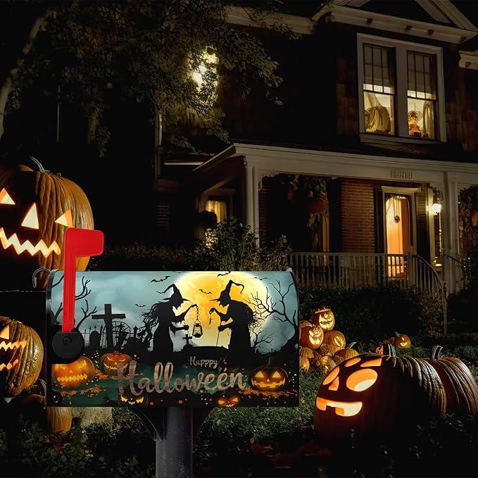 Halloween Witch Moon Mailbox Covers Magnetic 21 x 18 Inch Halloween Pumpkin Lanterns Seasonal Pattern Home Houses Mailbox Wraps Letter Box Cover Decorations Standard Size for Outdoor