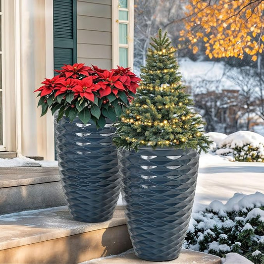 19" Resin Tall Outdoor Planters,Set of 2 Marine Round Large Flower Pot for Plants,Handmade Glossy Finish and Wave Texture,Weather-Resistant for Porch Christmas Decor,Garden, Patio or Indoor Use