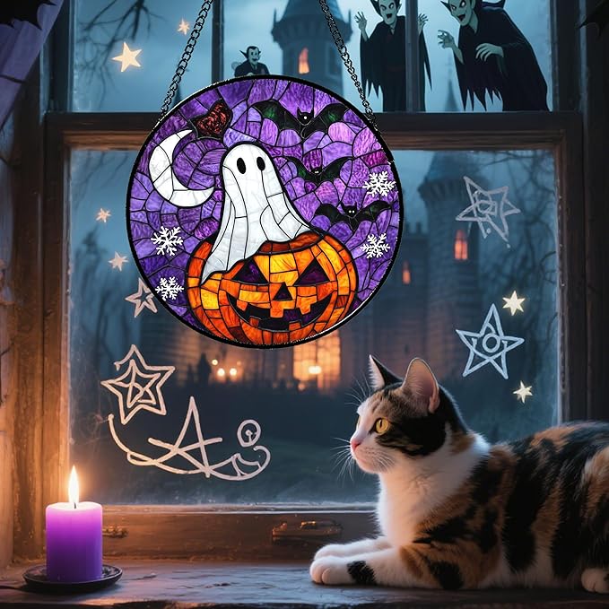 Stained Glass Window Hanging Halloween Horror Pumpkin 6.3" - Suncatcher Door Garden Sunroom Gothic Style Ghost Bat Sun Catcher Birthday for Friend Mom Men Woman Nana