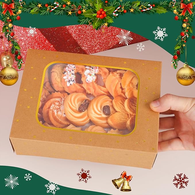 24 Pcs Gold Star Cookie Boxes,Treat Boxes for Dessert 8.25" x 6" x 2.75" with Window, Bakery Brown Pastry Dessert Boxes for Chocolate Strawberries Muffins Donuts and Party Favor