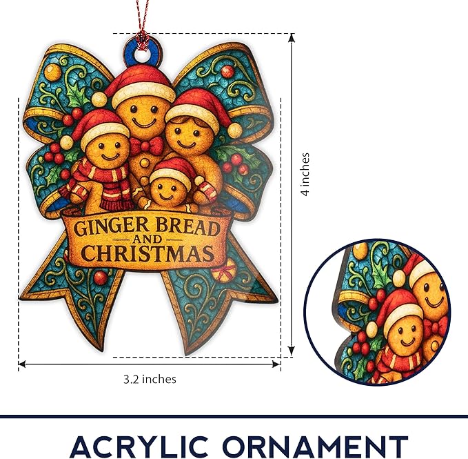 Gingerbread Family Ornament – Christmas Decoration | Holiday Cookie Ornaments - Gingerbread Man Decor - Xmas 2025 Ornament – Suncatcher Stained Glass Effect - Car Hanging Mirror