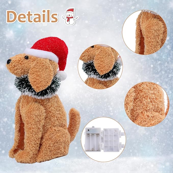 Christmas Lighted Dog Decoration Pre-lit 3D Glittered Fluffy Puppy Battery Operated Lighted Up Sitting Ornament Outdoor Indoor Christmas Decoration for Home Lawn Yard Garden Display