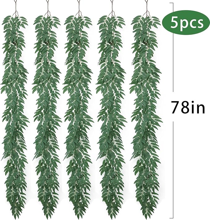 mizii 5 Packs 390" Artificial Vines Willows Garland Fake Vine Italian Ruscus Silk Green Leaves Faux Plants Greenery Decoration for Bedroom Room Wall Party Table Centerpieces Wedding Arch Decor