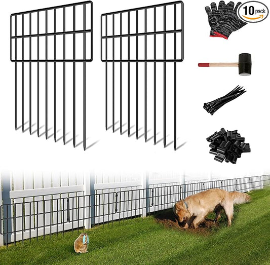 10 Panels Garden Animal Barrier Fence, 10.8ft(L) x 12in(H) No Dig Decorative Fence, 1.2in Spike Spacing Rustproof Metal Garden Fence Border for Dogs Rabbits, Bottom Blocker for Outdoor Yard Patio