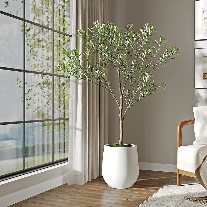 DTY Signature Mount Wilson Lightweight and Durable Modern Fiberstone Tapered Planter for Indoor Outdoor Drainage Hole & Rubber Plug Weather Resistant, 16.7" H x 15" Dia, 11.7" Opening - Medium, White