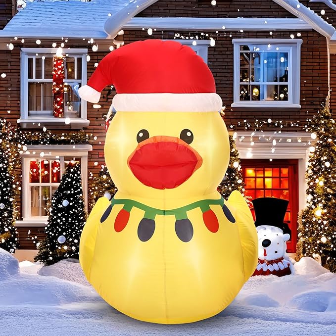 Leyndo 1 Set 5FT Christmas Inflatables Decoration Outdoor Inflatables Duck with Build-in LEDs Lights Giant Blow up Duck Wear Classic Christmas Hat for Mall Garden Patio Lawn Indoor Party