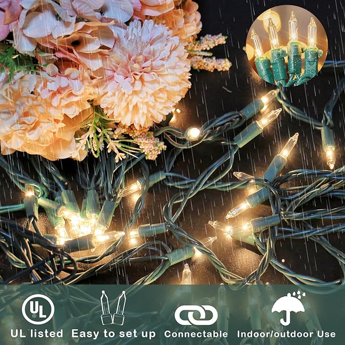 Clear Christmas Lights, 100 Count Mini Incandescent String Lights, 26.5ft Green Wire – UL Listed Waterproof Indoor/Outdoor Connectable, Classic Warm Glow for Christmas Tree, Home & Party Décor