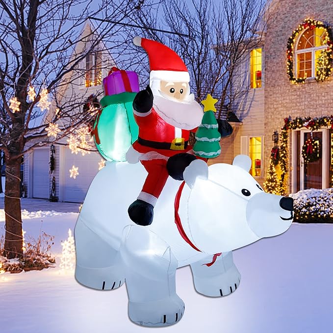 DR.DUDU 6 Ft Christmas Inflatable Santa Claus with Polar Bear and Christmas Tree, Build-in LED Lights Blow up Xmas Inflatables Decoration for Yard Garden Lawn Holiday Party