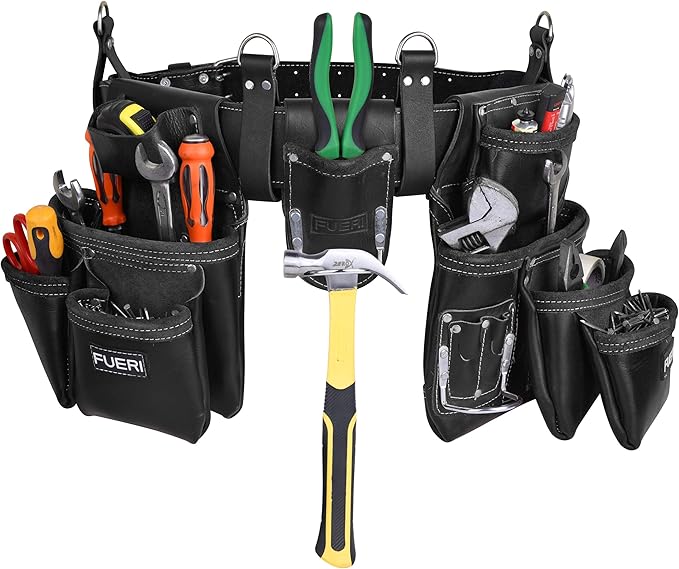 Heavy Duty 19 Pocket Leather Tool Belt Multipurpose Pockets Work Organizer Pouch Framing Fat Lip Tool Holder for Carpenter, Construction, Handyman, and Electrician Tool Belt Set
