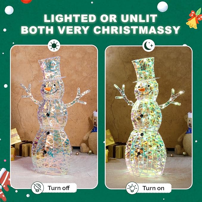 VINGLI 4FT Lighted Iridescent Snowman Christmas Yard Decorations, Prelit 100 Warm White LED Tinsel Snowman, Collapsible Indoor Outdoor Lawn Garden Front Porch Patio Xmas Holiday Decor Display