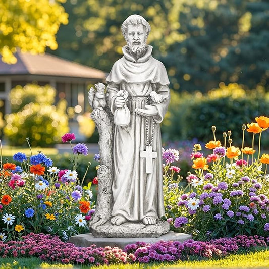 St Francis Garden Statue, 31" Saint Francis Catholic Outdoor Statues, Large Religious Christian Sculpture Deor for Prayer and Meditation, Patron Saint of Animals Patio in Magnesium Oxide Stone