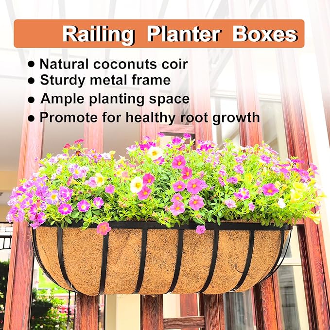 2 Pack 36" Railing Planter Window Box with Coco Fiber Liner Horse Trough Planter The Railing Planter Boxes for Deck Porch Fence Outdoor