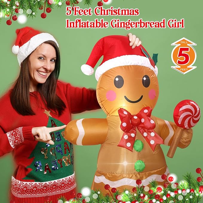 Christmas Inflatables Gingerbread Man Girl Lighted Yard Lawn Inflatable Decoration with Built-in Fan and Stakes Ropes Holiday Party Decor, Christmas Decor (5FT-Gingerbread Girl Holds Candy)