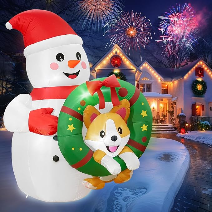 6FT Inflatable Outdoor Decorations, Christmas Blow Ups Snowman Decor with Corgi on The Wreath, Yard Decorations with LED for Outside Indoor Holiday Party Lawn