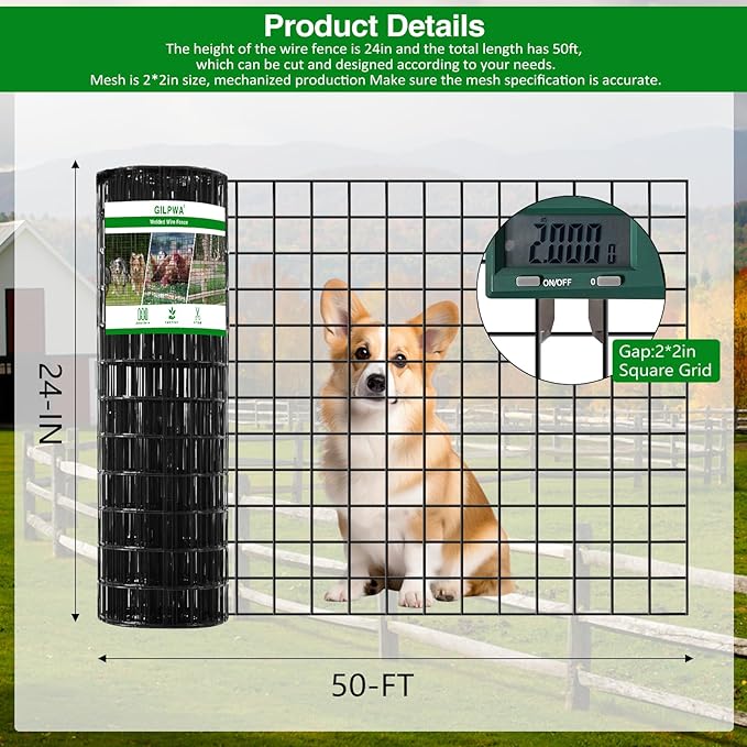 Wire Fence, 24 in(H) X 50 ft(L) PVC Coated Welded Wire Fencing 2" X 2" 16GA Garden Border Vinyl Metal Chicken Wire Fencing Mesh Roll for Yard Vegetable Plant Protection Poultry Netting Black
