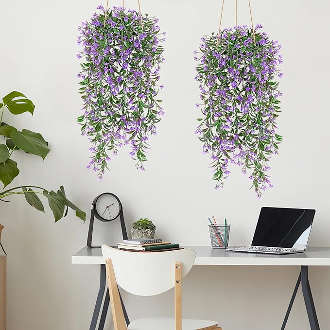TOCHGREEN 4Pcs Artificial Hanging Plants Fern Vine, Faux Plastic Plants Fake Ivy Vine Greenery Garland with Purple Flower, Outdoor Indoor Decorations for Living Room Balcony Garden Wall Home Decor
